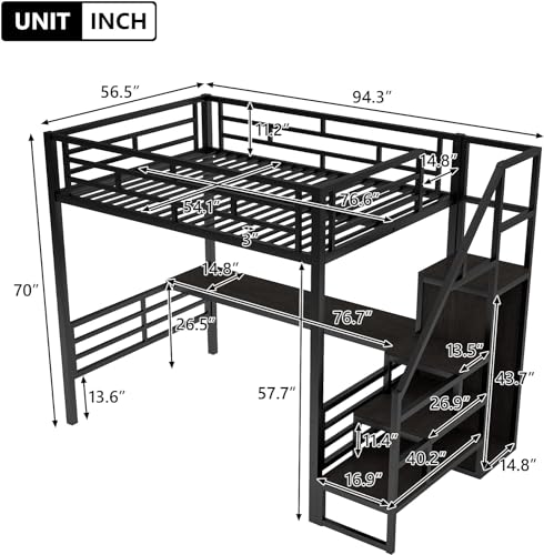 Full Size Metal Loft Bed with Desk and Wardrobe J567724