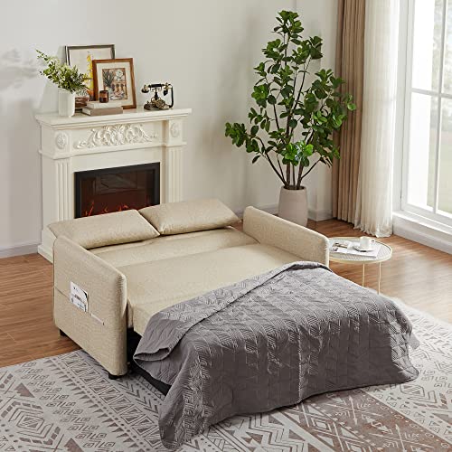 Convertible Sleeper Sofa Bed 57 Inches Velvet 2 Seats with Pull Out Bed Adjustable Backrest 2 Pillows Side Pocket Light Brown K15268