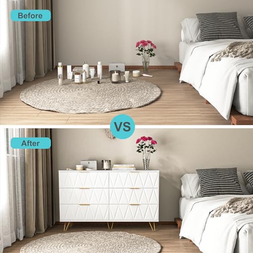 White 6 Drawer Wood Dresser with Gold Handles F653054