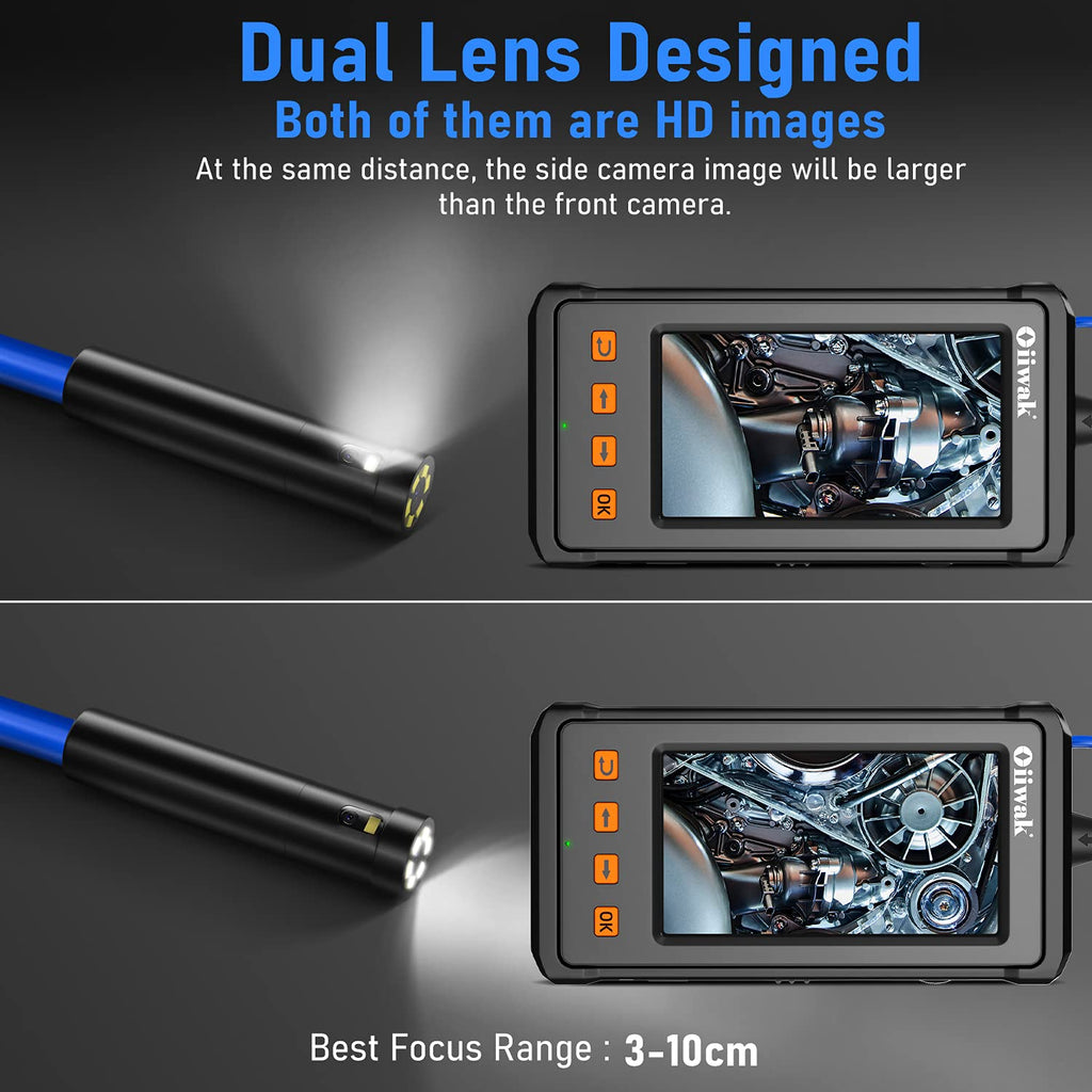 33FT Dual Lens Industrial Endoscope Camera with 7 LED Lights 4.3 IPS Screen IP68 Waterproof Probe Y911054