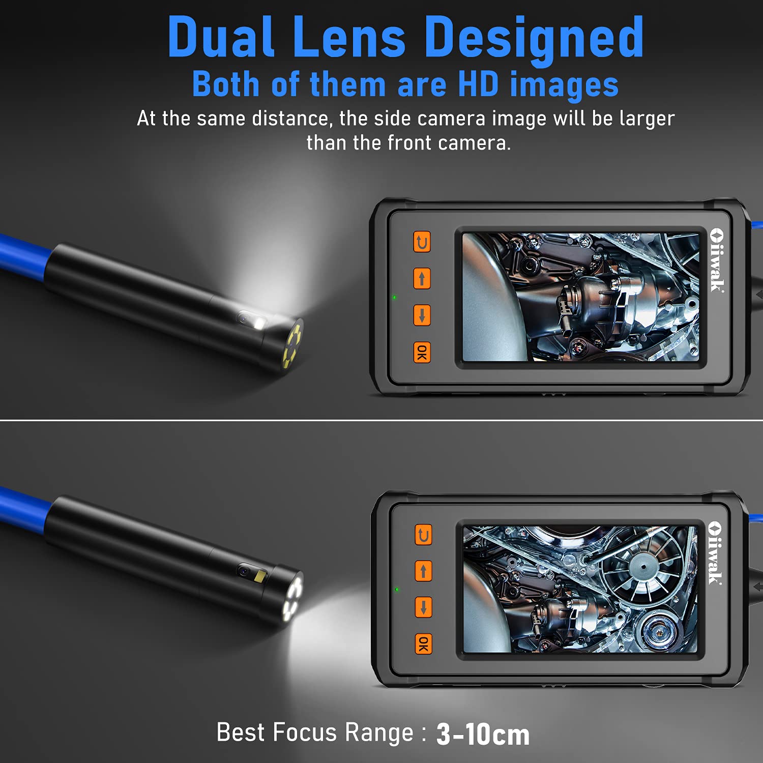 33FT Dual Lens Industrial Endoscope Camera with 7 LED Lights 4.3 IPS Screen IP68 Waterproof Probe Y911054