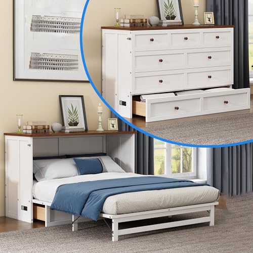 White+Walnut Full Wood Murphy Bed with Storage Drawers U3553