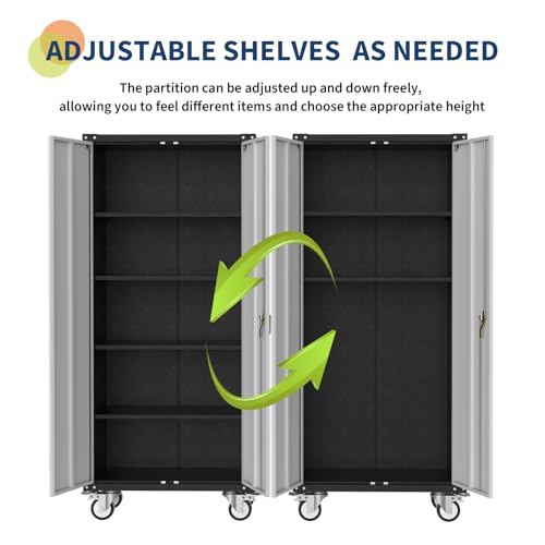 Metal Storage Cabinet 72" H with Wheels, Steel Tool Cabinet with Lock and 4 Adjustable Shelves K9948