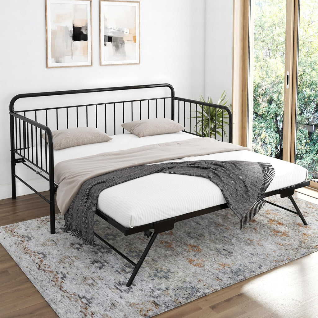 Black Metal Twin Daybed with Pop Up Trundle Bed B83178