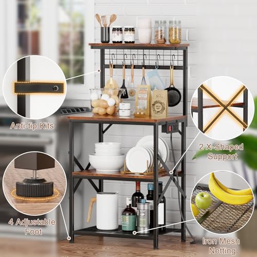 Rustic Brown 4 Tiers Kitchen Shelf Rack with Power Outlet O457685