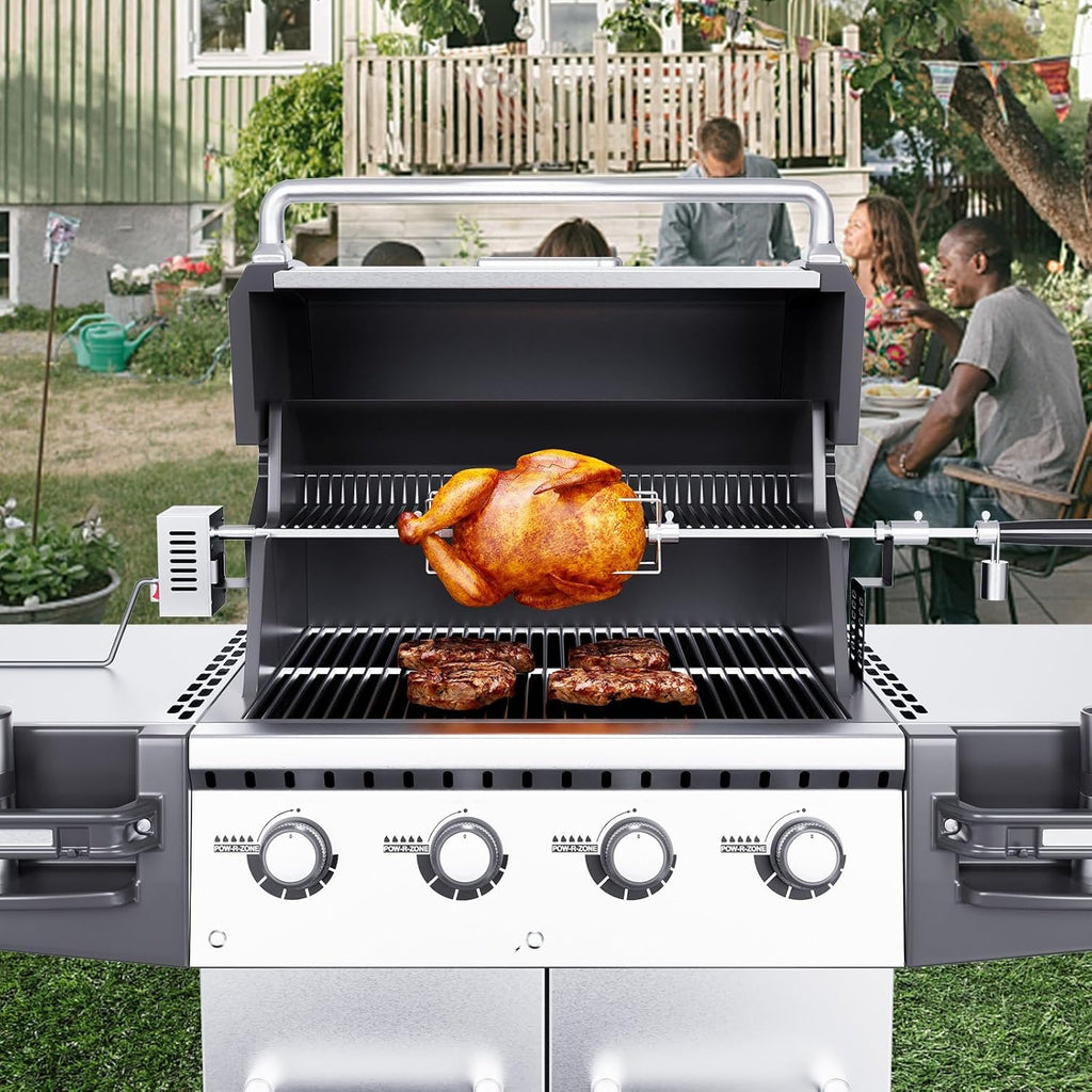 Heavy Duty Stainless Steel Grill Rotisserie Kit with 9W Motor - 32-Inch Hexagon Spit Rod - 26 Lbs Capacity O24442