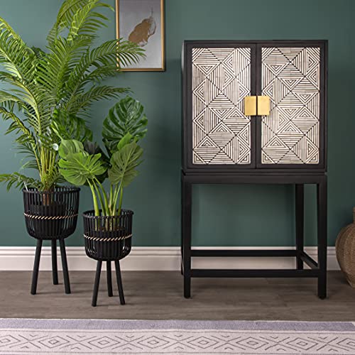Set of 2 Bamboo Wood Planters on Stands, Brown/Black W43035
