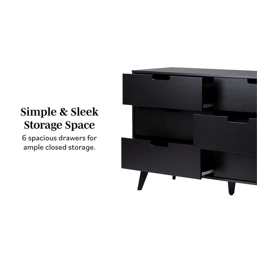 Black 6 Drawer Wood Dresser A9018