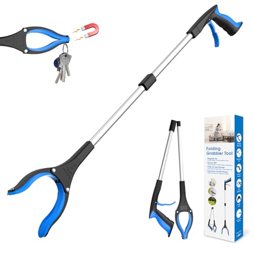 32" Foldable Reacher Grabber Tool with 360° Rotating Jaw & Magnet, Blue H120