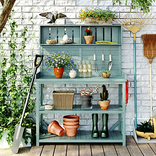 Green 65" Wooden Potting Bench with 4 Storage Shelves X132545