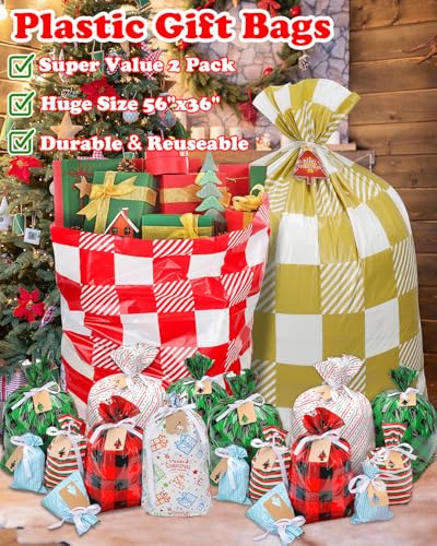 22pcs Drawstrings Christmas Gift Bags Assorted Sizes Reusable Plastic X778