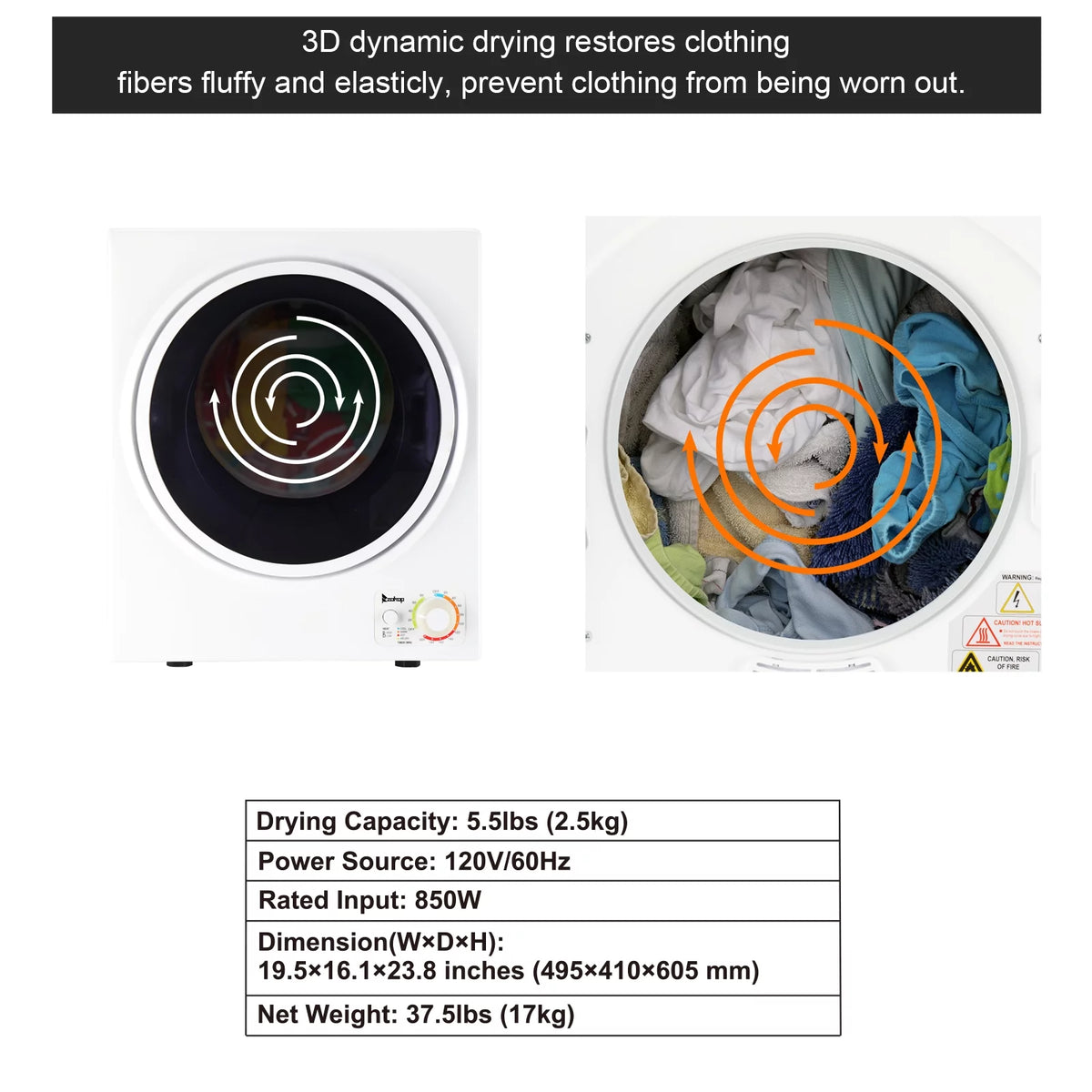 Portable 850W 1.6cu ft Front Load Electric Clothes Dryer with Stainless Steel Tub, White P164471