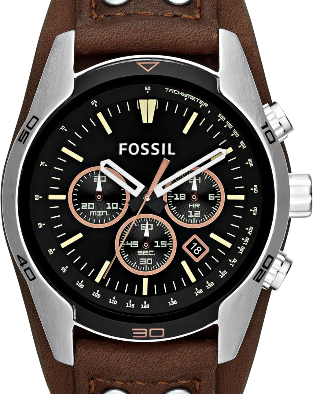 Silver Stainless Steel and Leather Chronograph Watch F91574