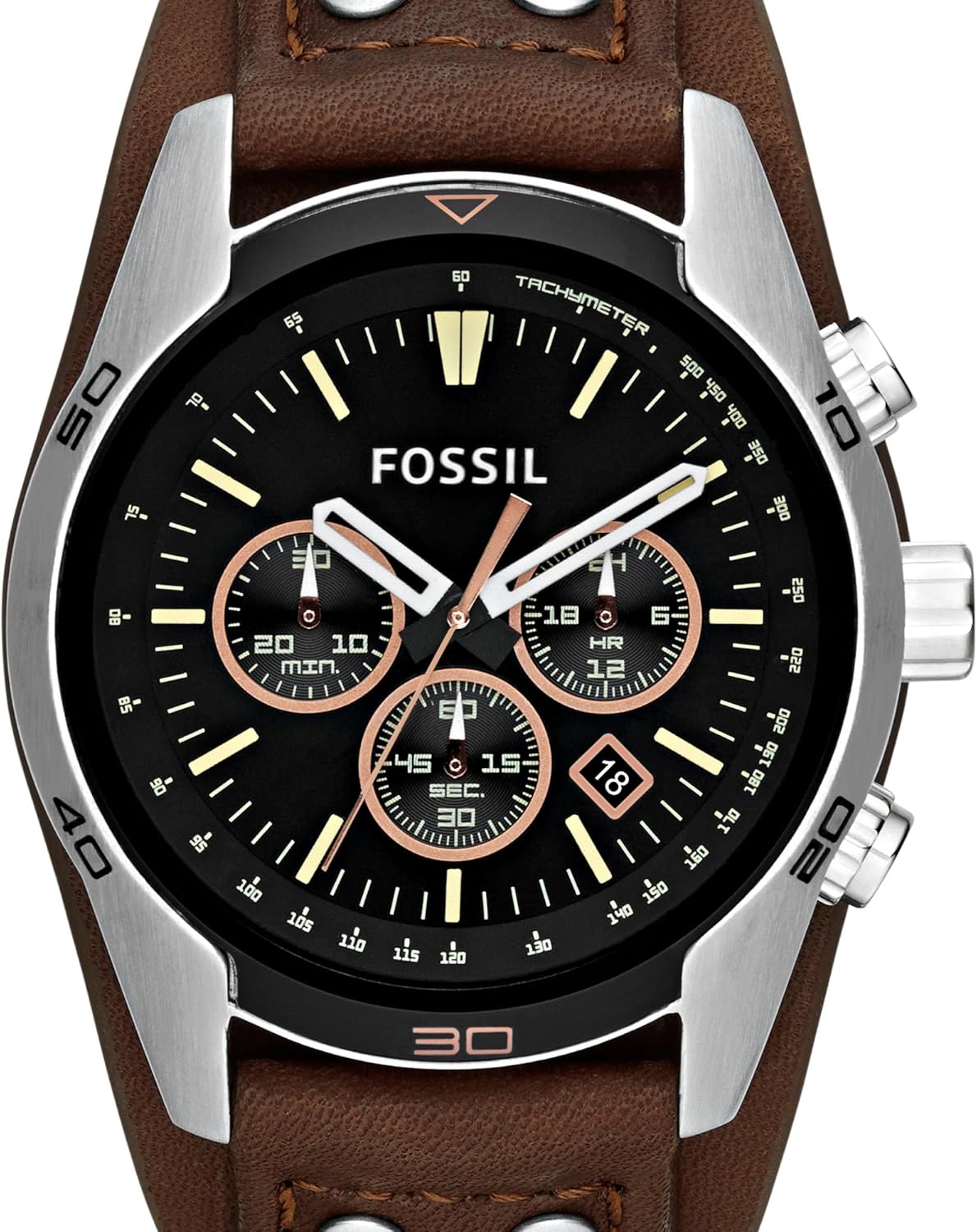 Silver Stainless Steel and Leather Chronograph Watch F91574
