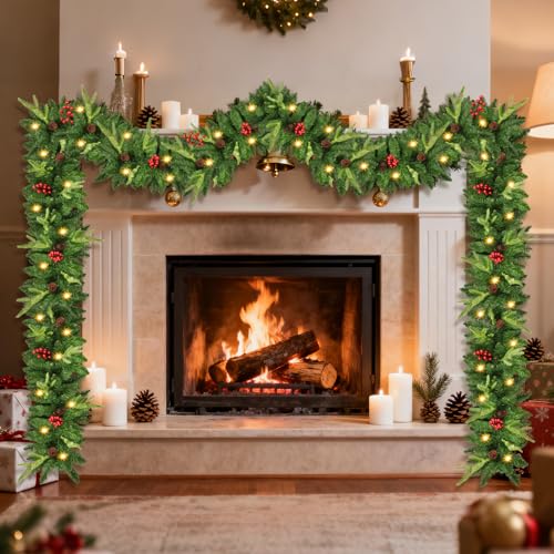 9ft Pre-Lit Artificial Christmas Garland with Pine Cones & Red Berries G44786