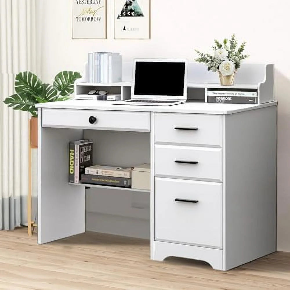 White 44" Wood Desk with 4 Drawers and Hutch K4672