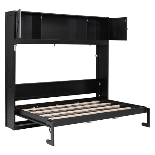 Black Full Horizontal Murphy Bed with Shelves and Storage Bookcase Z733736