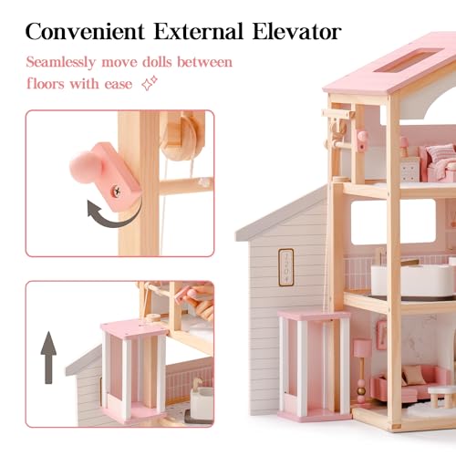 Pink Wooden Dollhouse with 6 Rooms and 29-pcs Furniture Set Q330901