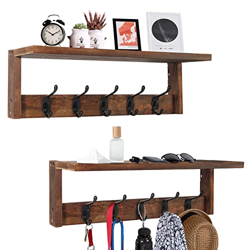 2 Pack Rustic Brown Wood Wall Mount Coat Rack with Shelf X970237