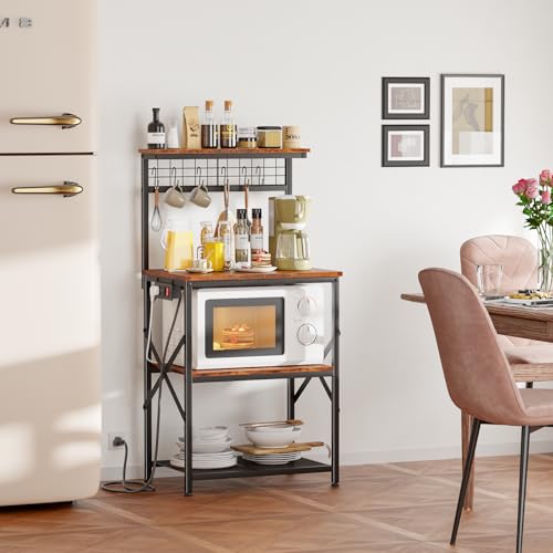 Rustic Brown 4 Tiers Kitchen Shelf Rack with Power Outlet O457685