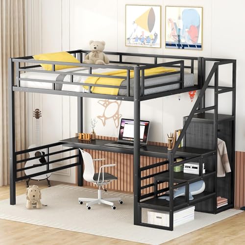 Full Size Metal Loft Bed with Desk and Wardrobe J567724