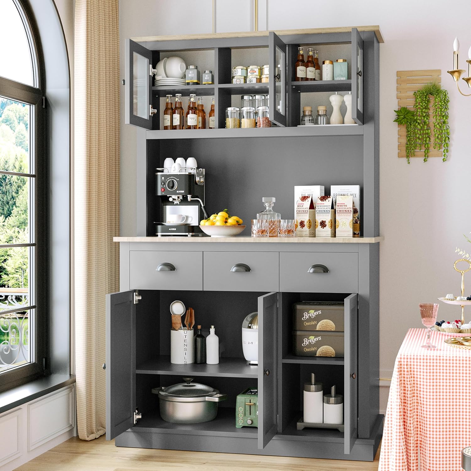 Grey Kitchen Hutch Storage Cabinet with Countertop and Drawers P4529