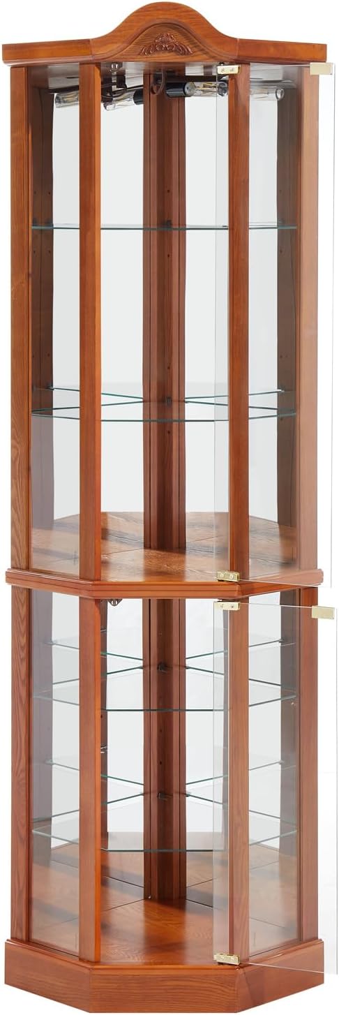 Brown Corner Curio Cabinet with Tempered Glass Doors and Adjustable Shelves D3635