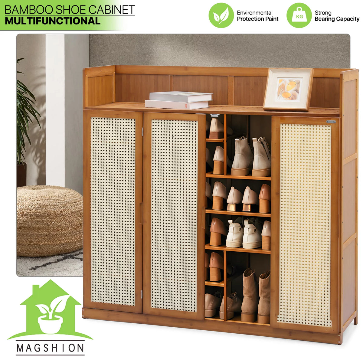 Bamboo 30 Pairs 7-Tier Shoe Cabinet with Folding Rattan Doors and Boots Compartments Q7994