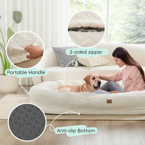 Ivory White 72"x40"x10" Faux Fur Orthopedic Foam Dog Bed with Blanket X7031