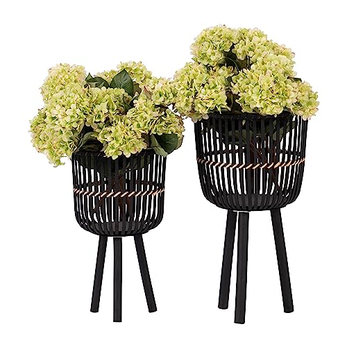 Set of 2 Bamboo Wood Planters on Stands, Brown/Black W43035