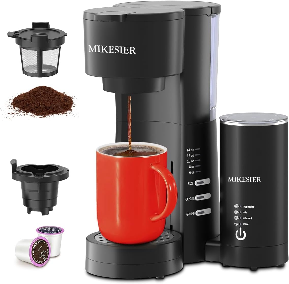 Single Serve Coffee Maker with Milk Frother, 28oz Removable Water Tank T173