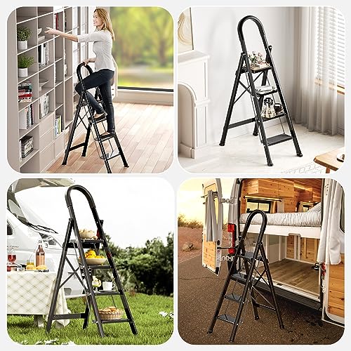 Black Aluminum Folding Step Stool with Handgrip W543649