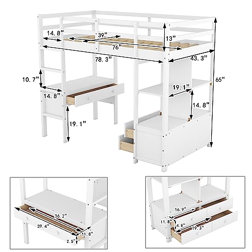 Full Size Solid Wood Loft Bed Frame with Desk and Storage H167