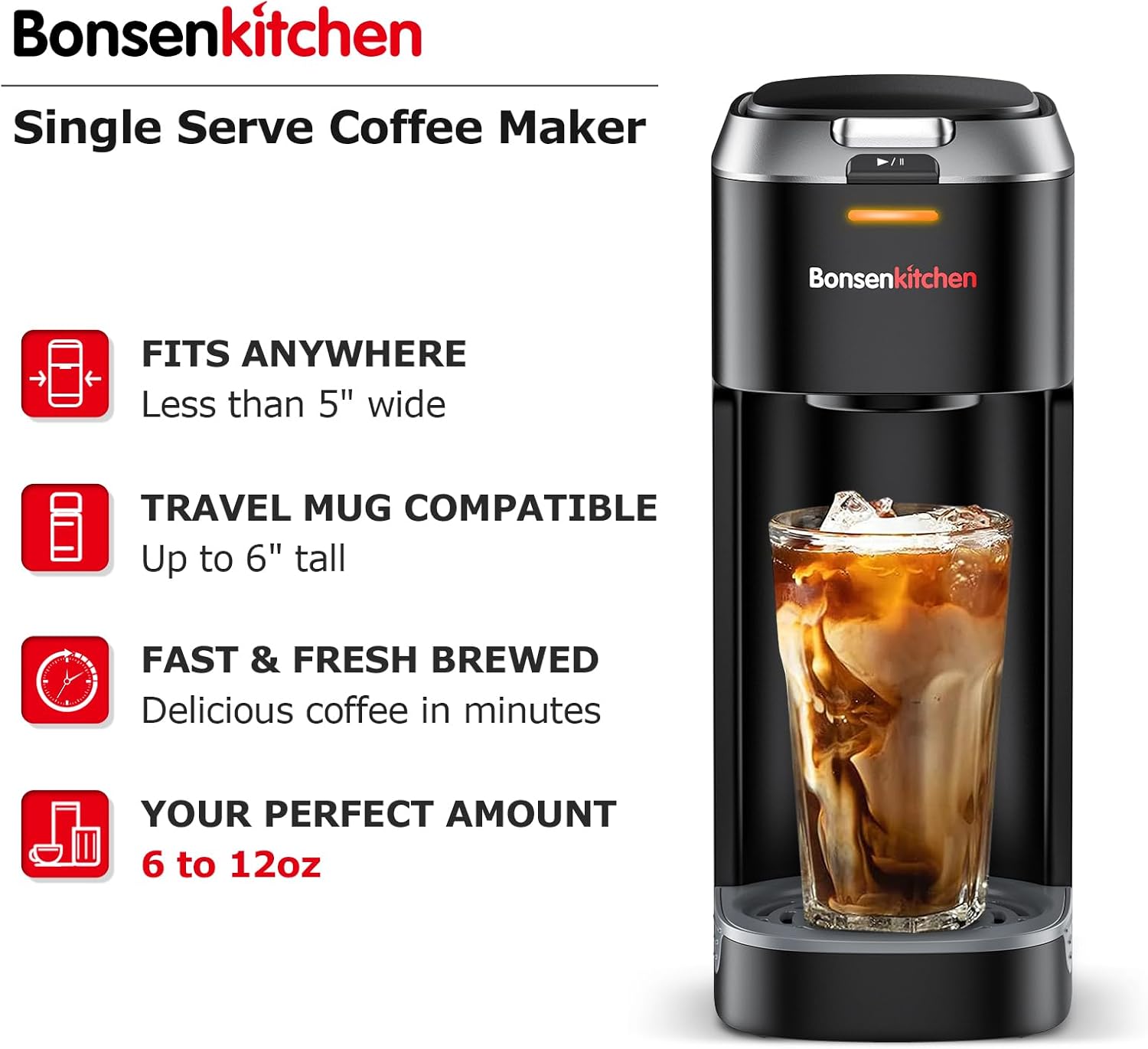Single Serve Coffee Maker for K Cup Capsule, 6 to 12oz Brew Sizes T8009