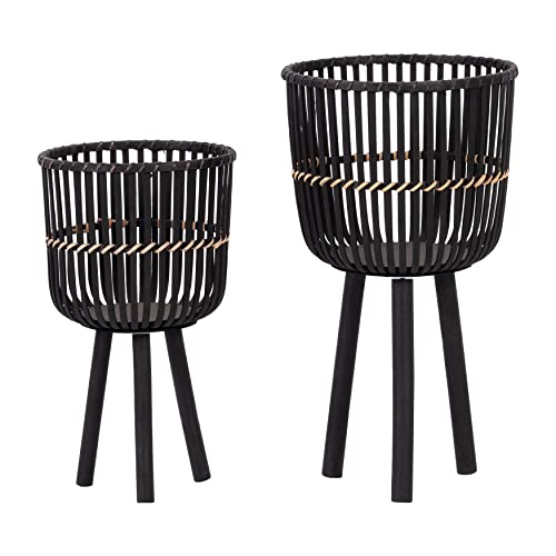 Set of 2 Bamboo Wood Planters on Stands, Brown/Black W43035