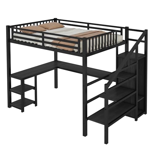 Black Full Size Metal Loft Bed with L-Shaped Desk and USB Port S44209
