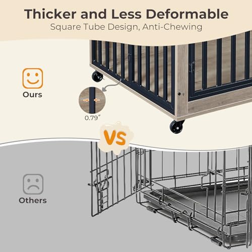 Grey Wooden Dog Crate with Double Doors and Pull-Out Dog Bowls I22260