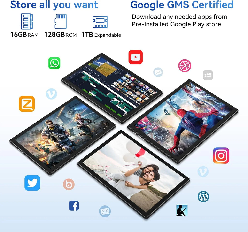 10 Inch Android Tablet with Keyboard, 128GB ROM + 16GB RAM, Octa-Core Processor R423