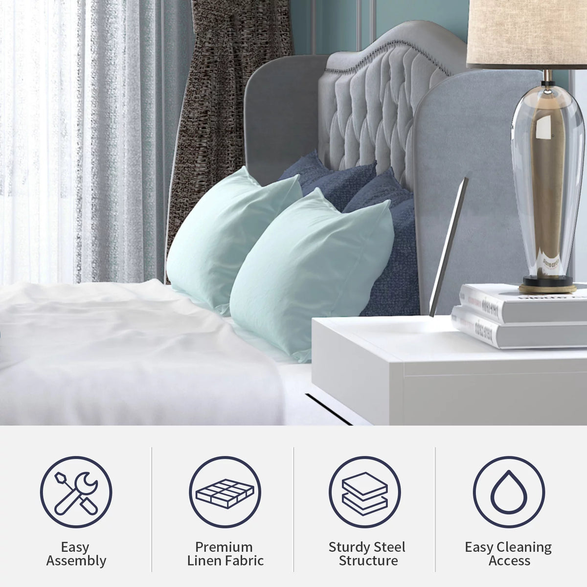 King Size Button Tufted Velvet Platform Bed Frame, Silver Grey E6280