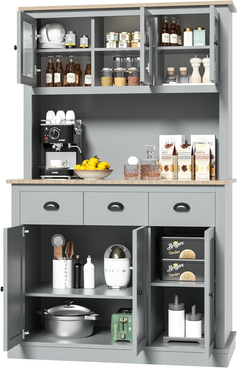 Grey Kitchen Hutch Storage Cabinet with Countertop and Drawers P4529