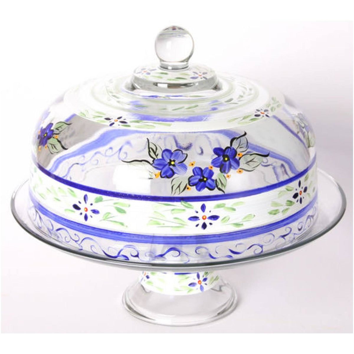 Blue Floral Hand Painted Glass Large Cake Dome U7325