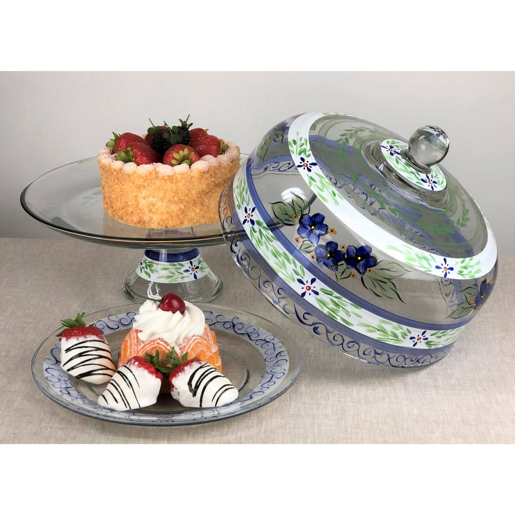 Blue Floral Hand Painted Glass Large Cake Dome U7325