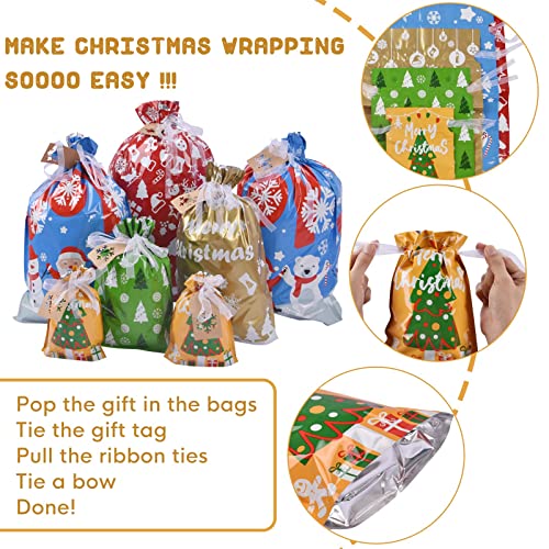 22pcs Drawstrings Christmas Gift Bags Assorted Sizes Reusable Plastic X778