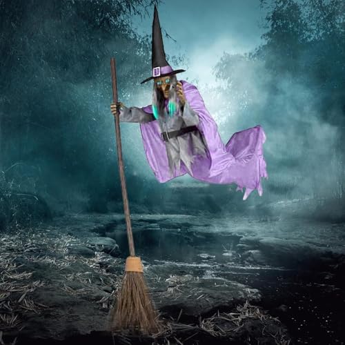 6FT Animated Flying Witch Halloween Decor with Scary Sounds and Lights A300133