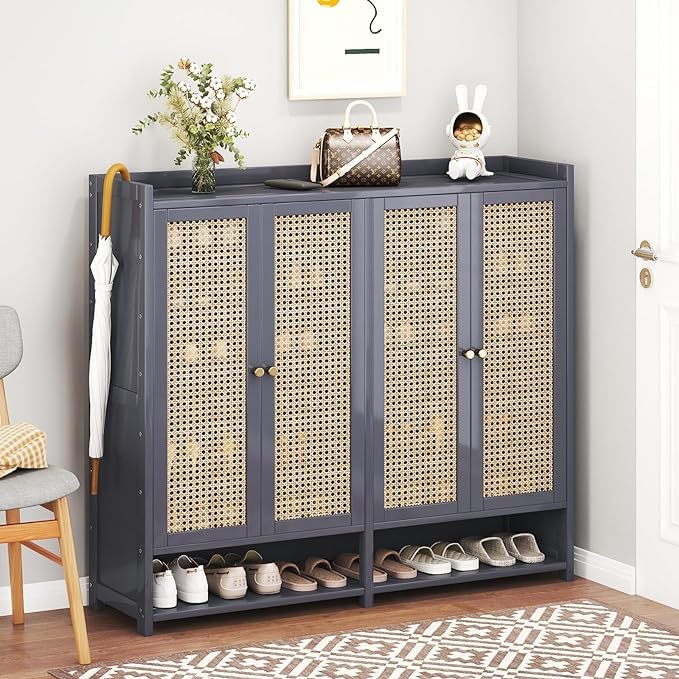 Grey 8 Tier Bamboo Shoe Cabinet with Doors O145