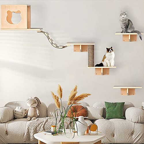 Cat Wall Shelves and Furniture Set with Condos, Perches, Bridge Ladders, Sisal Scratching Posts J515