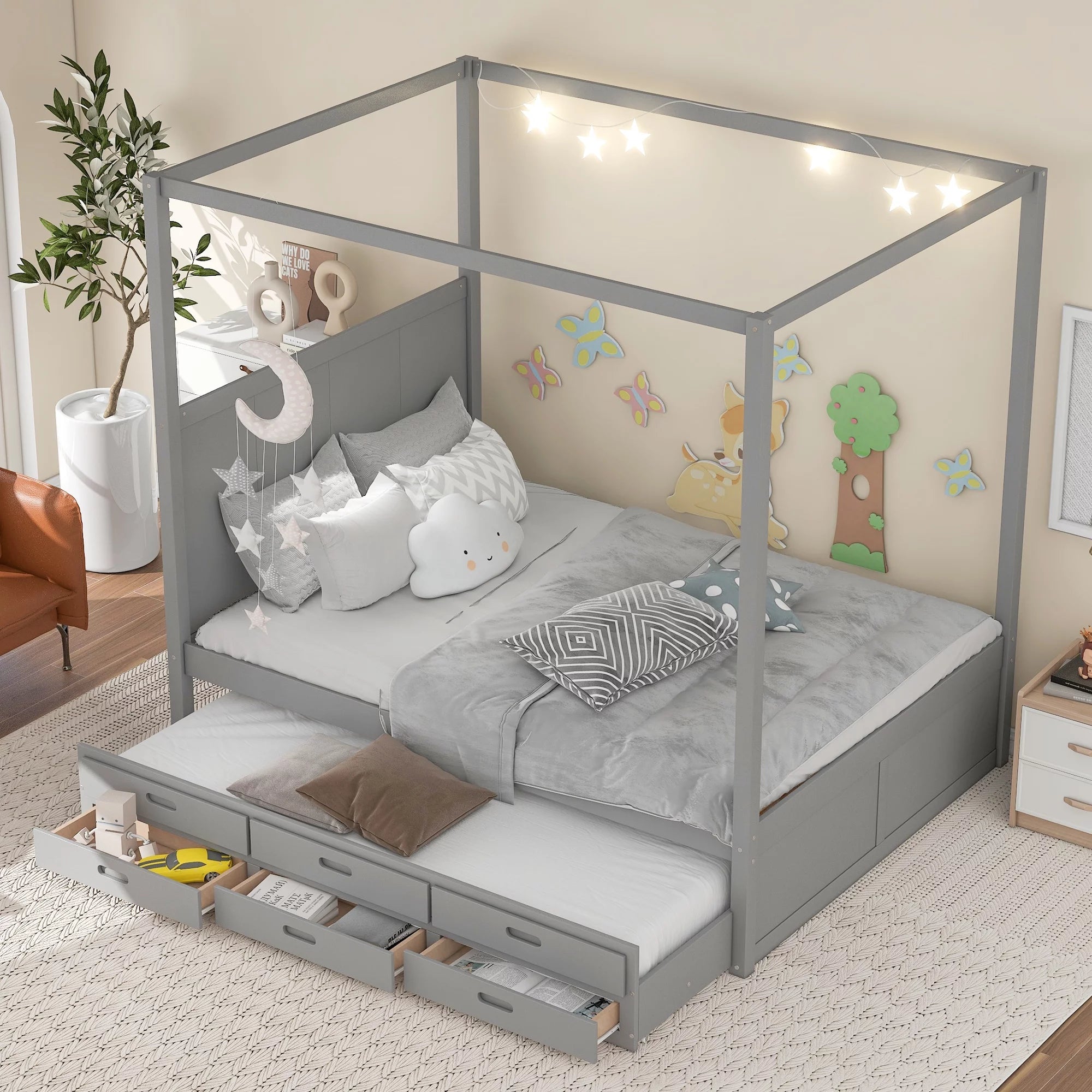 Gray Wooden Queen Platform Bed with Trundle and 3 Storage Drawers M708604