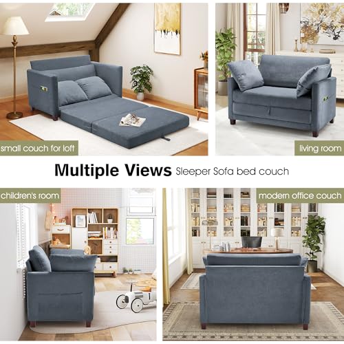 Blue Chenille Convertible Floor Sofa Bed with 2 Pillows A37667