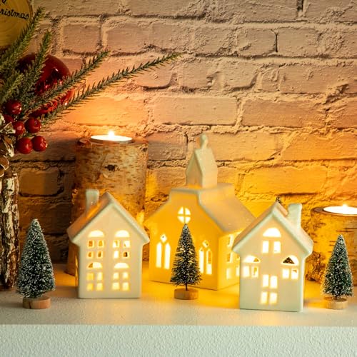 7 Pcs Christmas Porcelain Village Tabletop Figurine LED House Decorations N68476