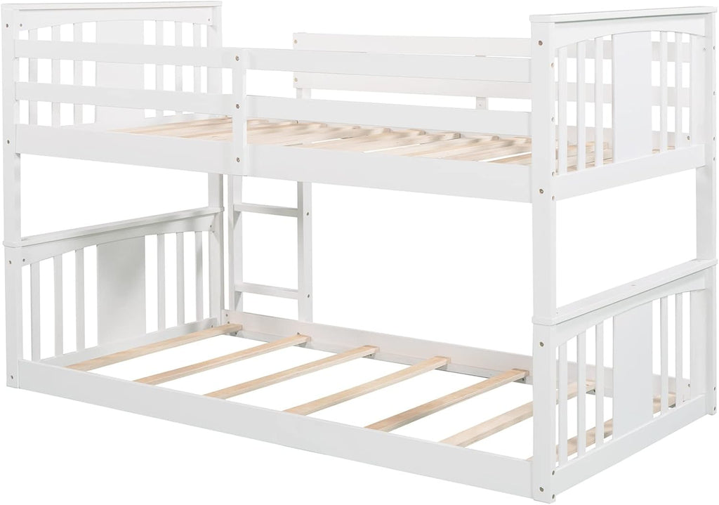 White Twin over Twin Low Bunk Bed Frame Wood Y6234